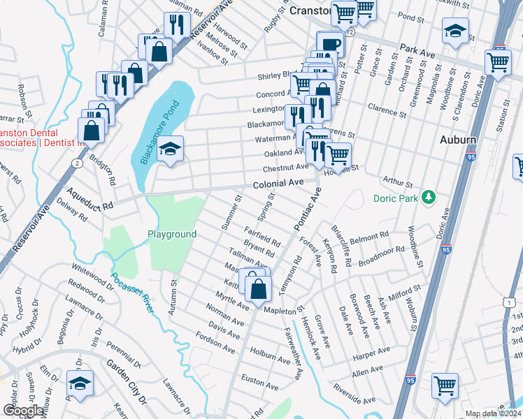 map of restaurants, bars, coffee shops, grocery stores, and more near 47 Waldron Avenue in Cranston