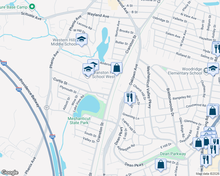 map of restaurants, bars, coffee shops, grocery stores, and more near 18 Adams Street in Cranston