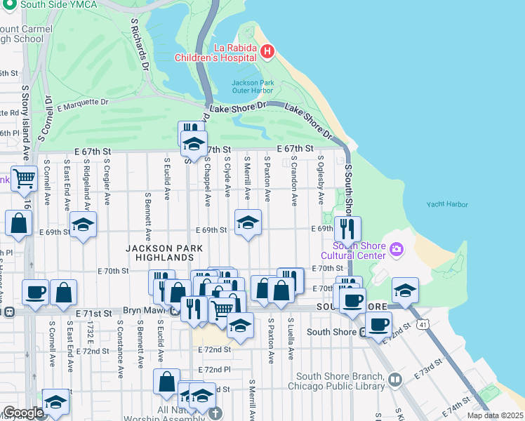 map of restaurants, bars, coffee shops, grocery stores, and more near 6842 South Paxton Avenue in Chicago