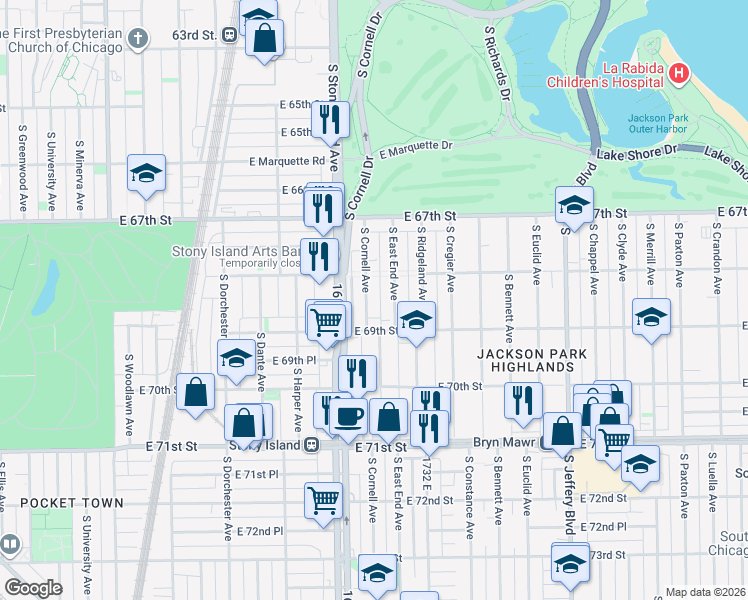 map of restaurants, bars, coffee shops, grocery stores, and more near 6832 South Cornell Avenue in Chicago