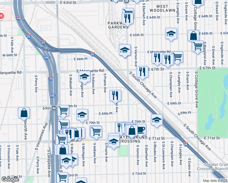 map of restaurants, bars, coffee shops, grocery stores, and more near 6817 South Prairie Avenue in Chicago
