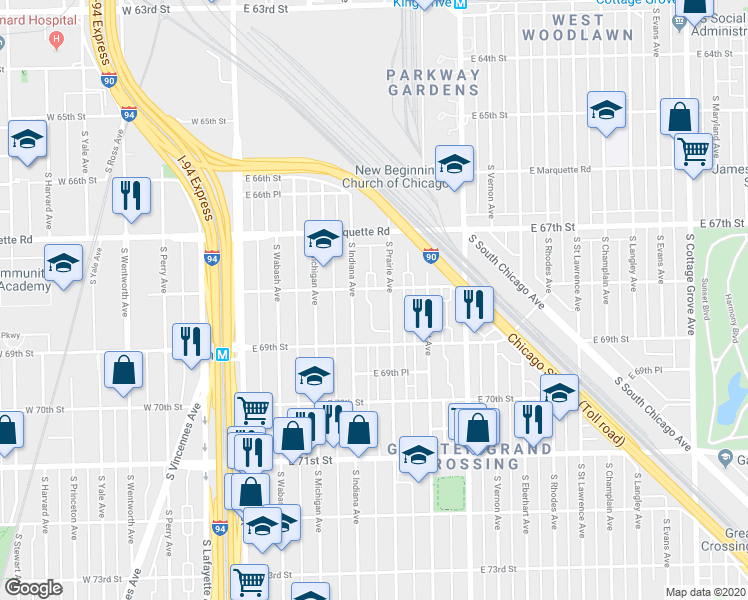 map of restaurants, bars, coffee shops, grocery stores, and more near 6817 South Indiana Avenue in Chicago