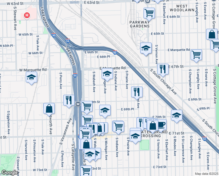map of restaurants, bars, coffee shops, grocery stores, and more near 6812 South Indiana Avenue in Chicago