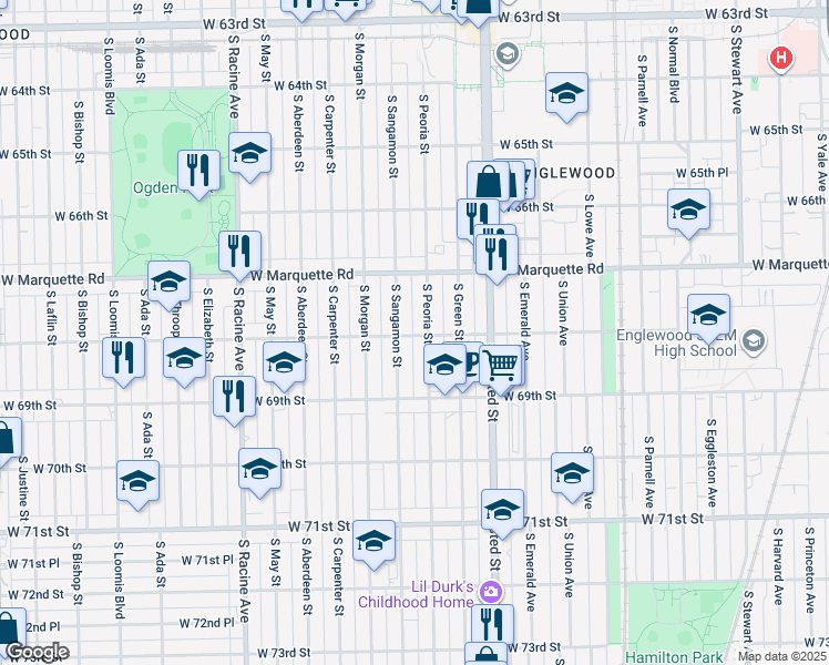 map of restaurants, bars, coffee shops, grocery stores, and more near 917 West 68th Street in Chicago