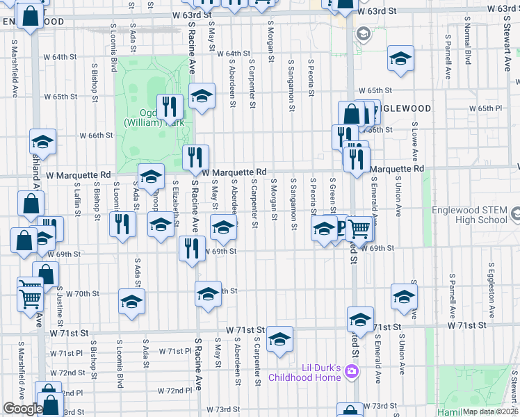 map of restaurants, bars, coffee shops, grocery stores, and more near 6802 South Carpenter Street in Chicago