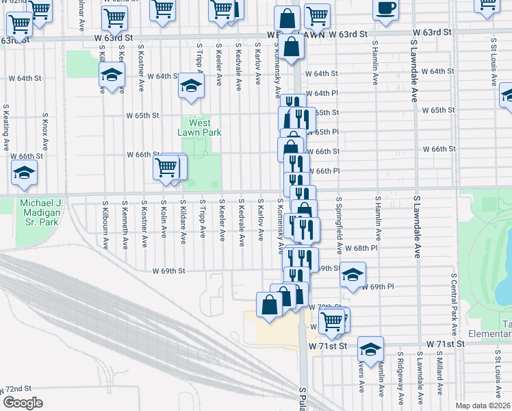 map of restaurants, bars, coffee shops, grocery stores, and more near 6727 South Kedvale Avenue in Chicago