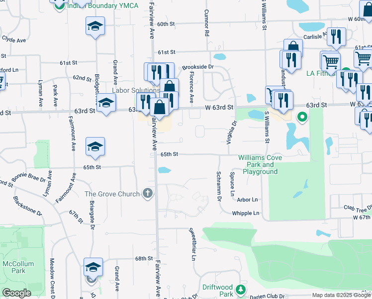 map of restaurants, bars, coffee shops, grocery stores, and more near 700 65th Street in Westmont