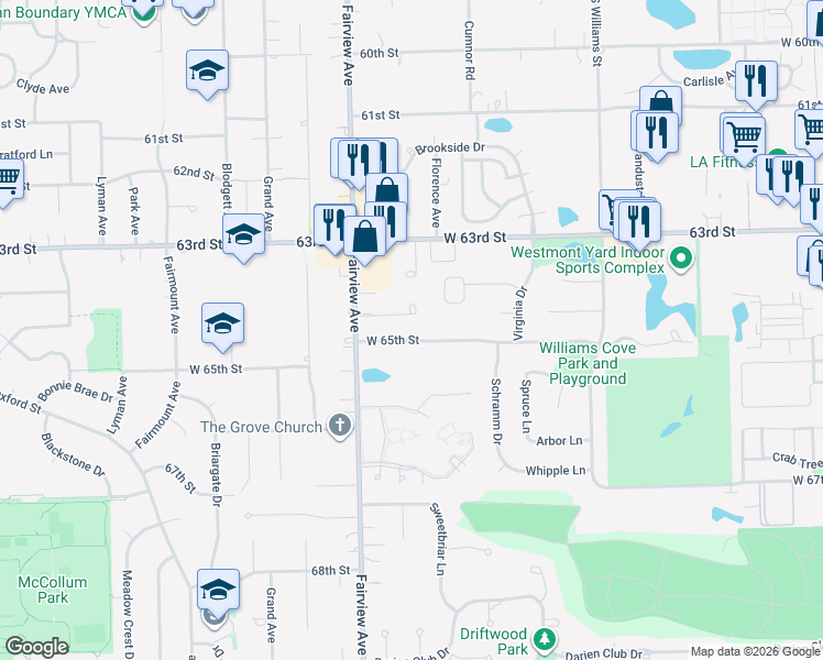 map of restaurants, bars, coffee shops, grocery stores, and more near 700 65th Street in Westmont