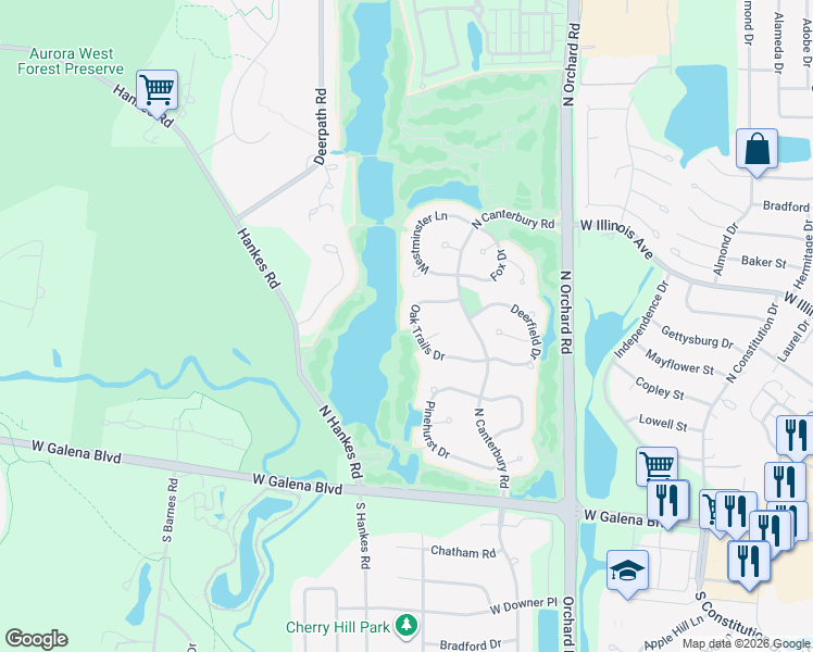 map of restaurants, bars, coffee shops, grocery stores, and more near 2533 Meadow Green Court in Aurora