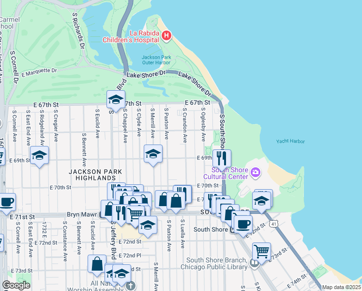 map of restaurants, bars, coffee shops, grocery stores, and more near 6832 South Crandon Avenue in Chicago
