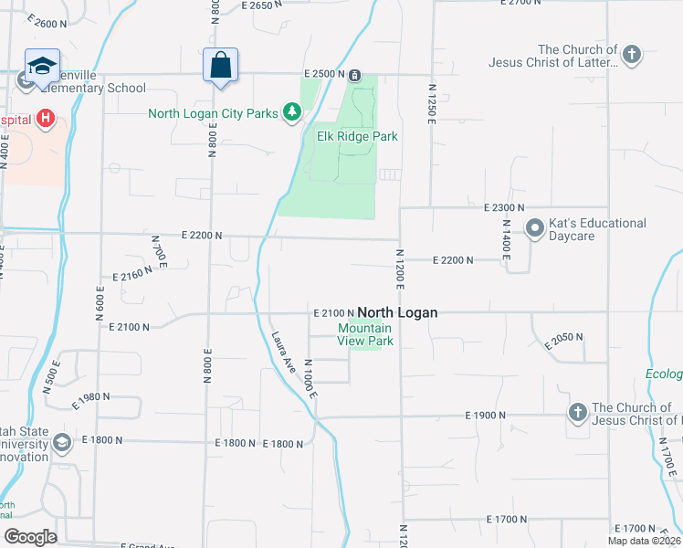 map of restaurants, bars, coffee shops, grocery stores, and more near 1110 East 2180 North in North Logan