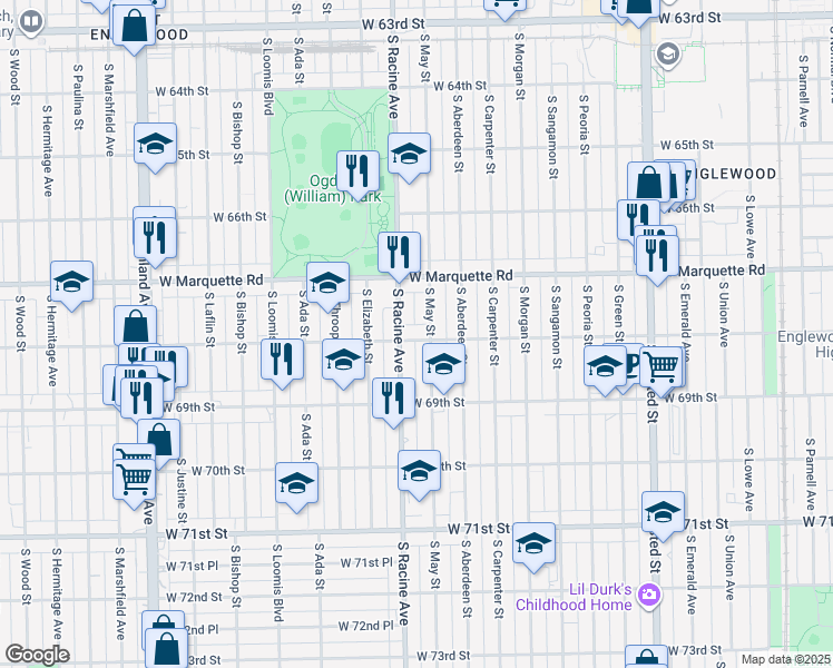 map of restaurants, bars, coffee shops, grocery stores, and more near 6801 South Racine Avenue in Chicago