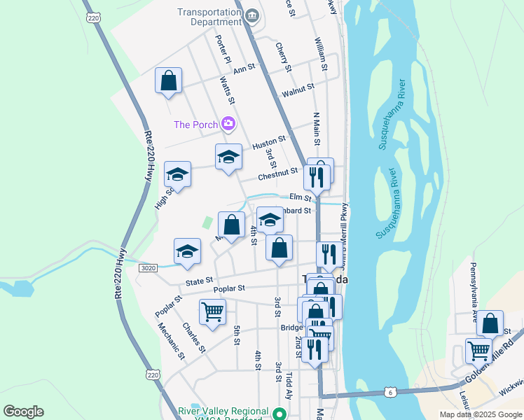 map of restaurants, bars, coffee shops, grocery stores, and more near 108 Lombard Street in Towanda