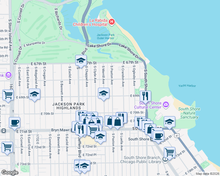 map of restaurants, bars, coffee shops, grocery stores, and more near 6842 South Paxton Avenue in Chicago