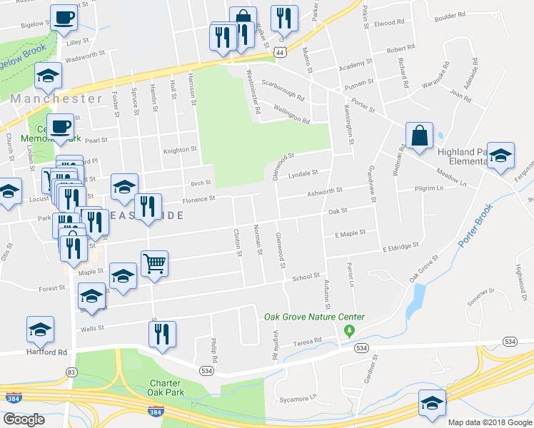 map of restaurants, bars, coffee shops, grocery stores, and more near 245 Oak Street in Manchester