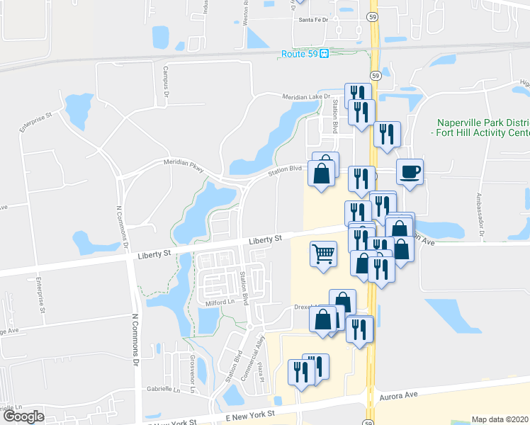 map of restaurants, bars, coffee shops, grocery stores, and more near 4390 Liberty Street in Aurora