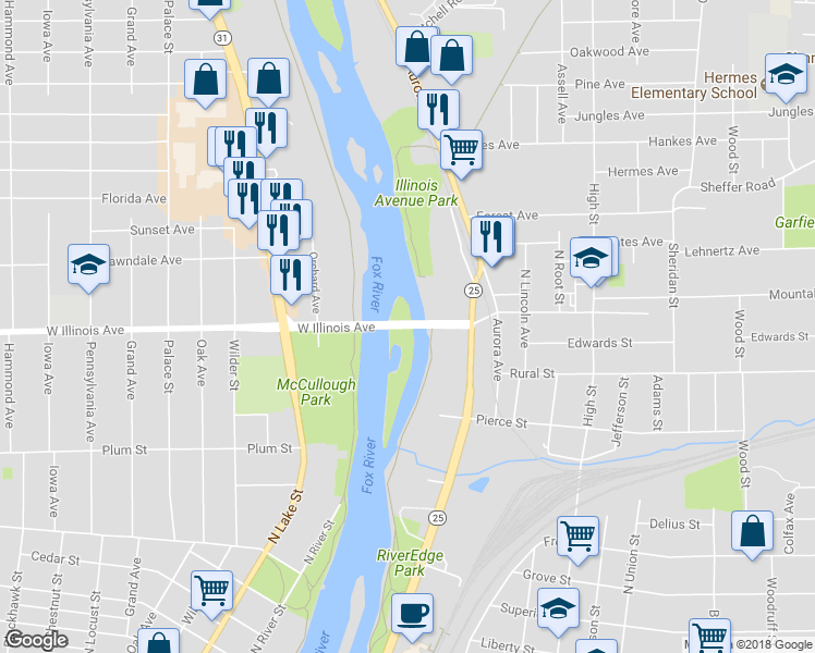 map of restaurants, bars, coffee shops, grocery stores, and more near 0 West Illinois Avenue in Aurora
