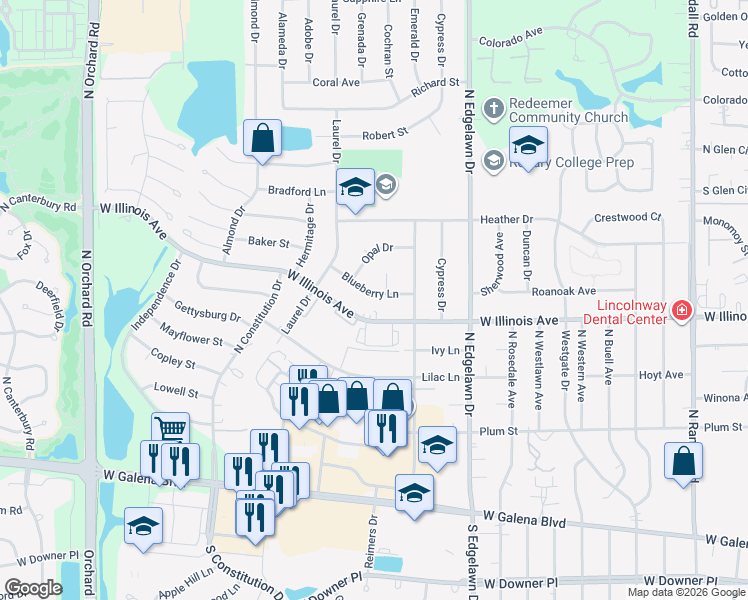 map of restaurants, bars, coffee shops, grocery stores, and more near 1970 Blueberry Lane in Aurora