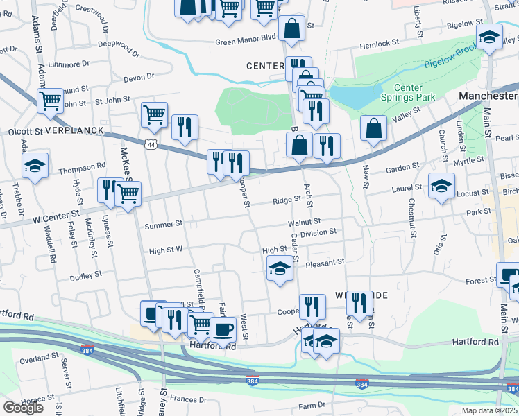 map of restaurants, bars, coffee shops, grocery stores, and more near 102 Ridge Street in Manchester