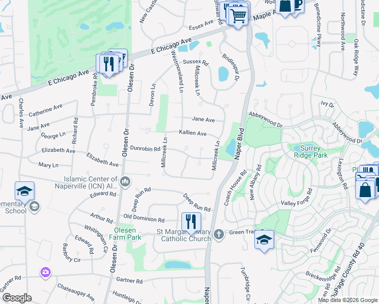 map of restaurants, bars, coffee shops, grocery stores, and more near 212 Camden Court in Naperville