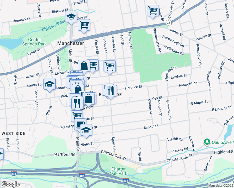 map of restaurants, bars, coffee shops, grocery stores, and more near 163 Spruce Street in Manchester