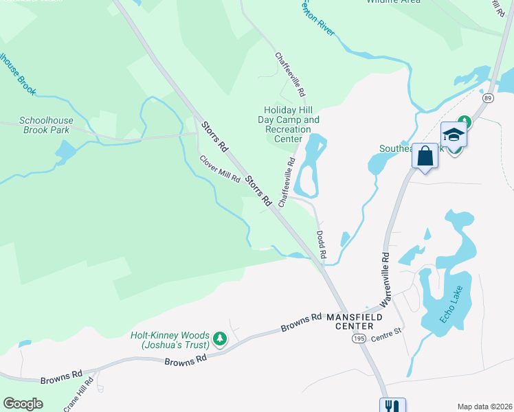 map of restaurants, bars, coffee shops, grocery stores, and more near 635 Storrs Road in Mansfield