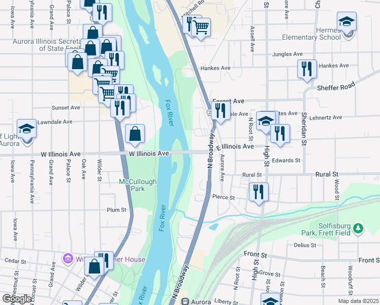 map of restaurants, bars, coffee shops, grocery stores, and more near 1 East Illinois Avenue in Aurora