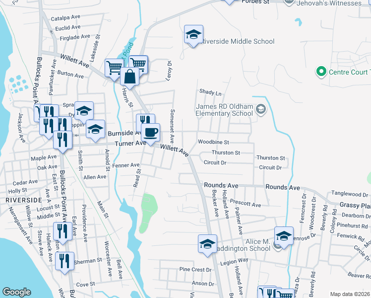 map of restaurants, bars, coffee shops, grocery stores, and more near 548 Willett Avenue in East Providence