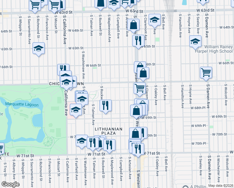 map of restaurants, bars, coffee shops, grocery stores, and more near 6747 South Campbell Avenue in Chicago
