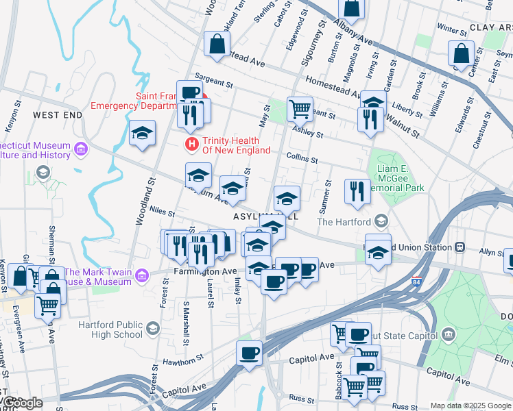 map of restaurants, bars, coffee shops, grocery stores, and more near 896 Asylum Avenue in Hartford