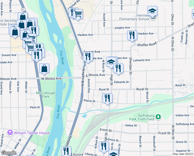map of restaurants, bars, coffee shops, grocery stores, and more near 689 North Lincoln Avenue in Aurora