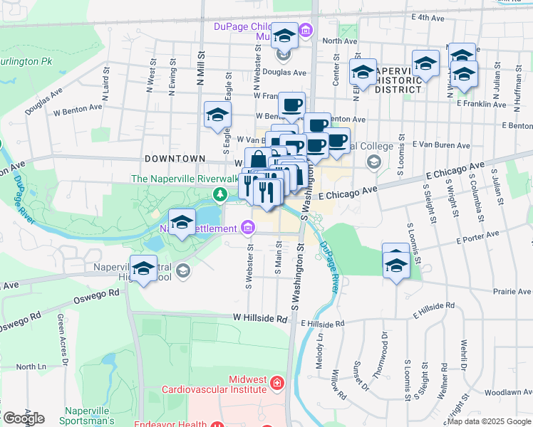 map of restaurants, bars, coffee shops, grocery stores, and more near 126 Water Street in Naperville