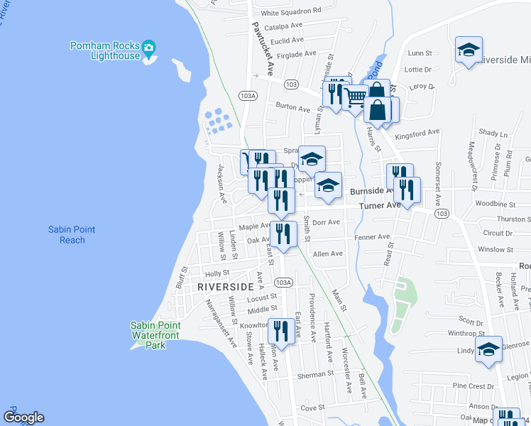 map of restaurants, bars, coffee shops, grocery stores, and more near 18 Lincoln Avenue in East Providence