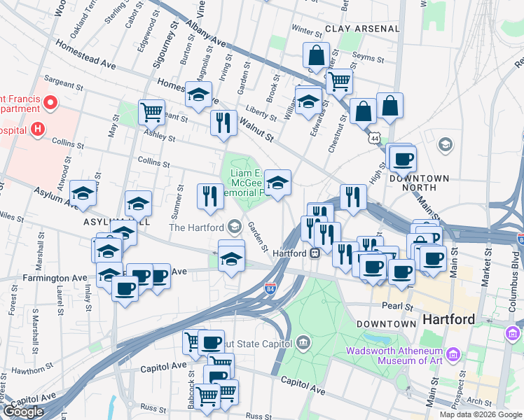 map of restaurants, bars, coffee shops, grocery stores, and more near 73 Myrtle Street in Hartford