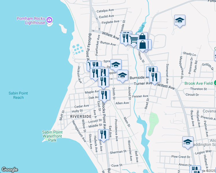 map of restaurants, bars, coffee shops, grocery stores, and more near 30 Dorr Avenue in East Providence