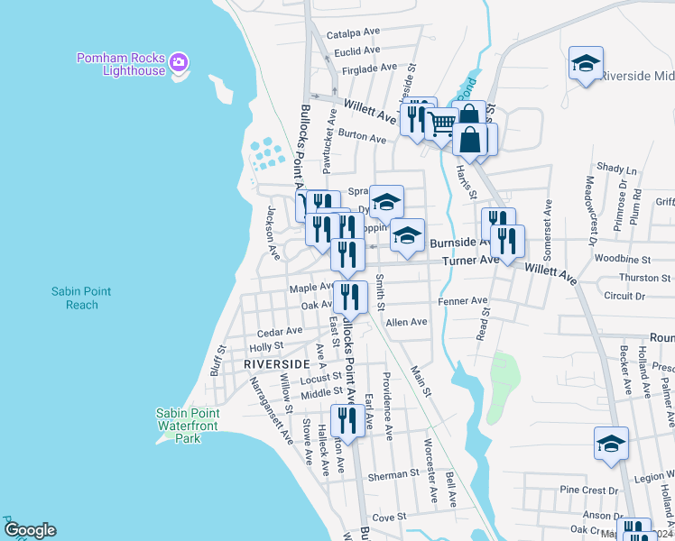 map of restaurants, bars, coffee shops, grocery stores, and more near 33 Maple Avenue in East Providence