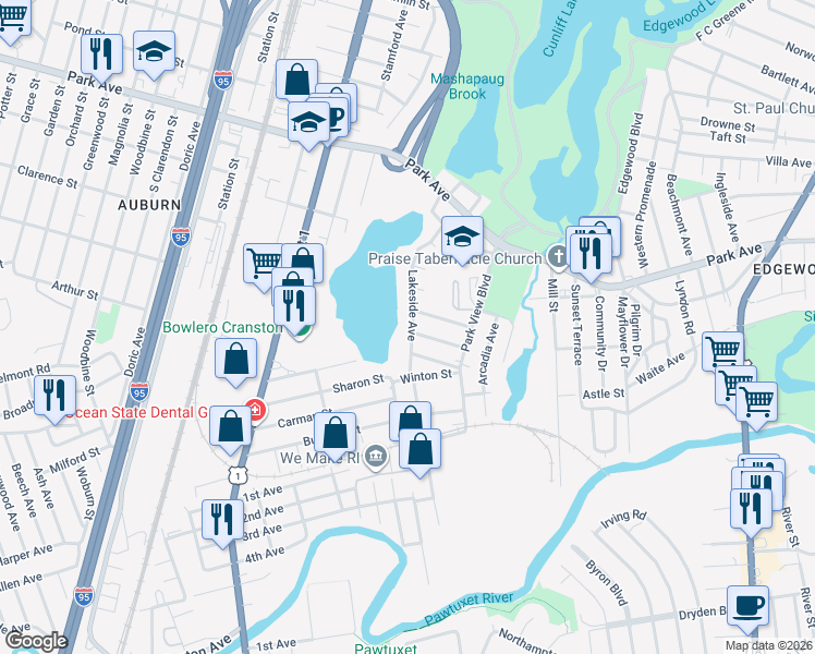 map of restaurants, bars, coffee shops, grocery stores, and more near 128 Lakeside Avenue in Cranston
