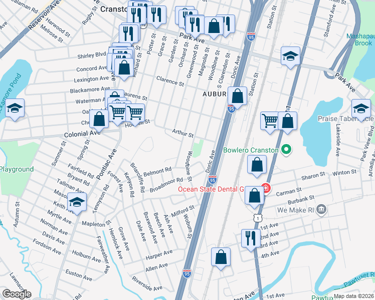 map of restaurants, bars, coffee shops, grocery stores, and more near 343 Woodbine Street in Cranston