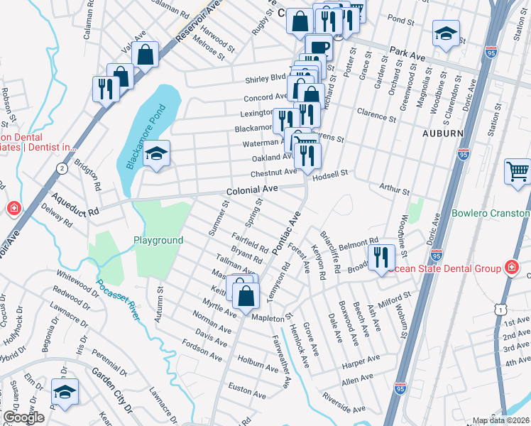 map of restaurants, bars, coffee shops, grocery stores, and more near 23 Hawthorne Avenue in Cranston