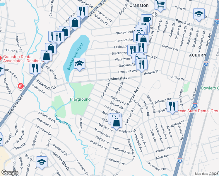 map of restaurants, bars, coffee shops, grocery stores, and more near 100 Summer Street in Cranston