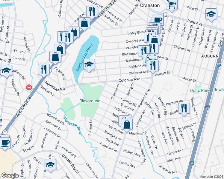 map of restaurants, bars, coffee shops, grocery stores, and more near 100 Summer Street in Cranston