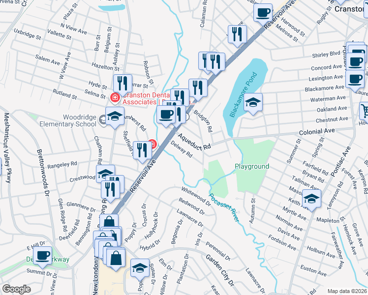 map of restaurants, bars, coffee shops, grocery stores, and more near 54 Delway Road in Cranston