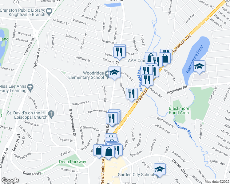 map of restaurants, bars, coffee shops, grocery stores, and more near 459 Budlong Road in Cranston