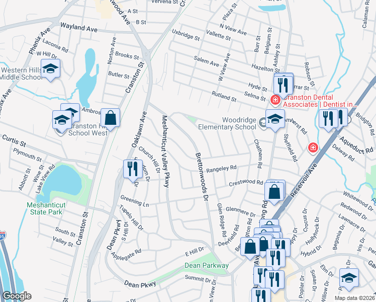 map of restaurants, bars, coffee shops, grocery stores, and more near 95 Woodstock Lane in Cranston