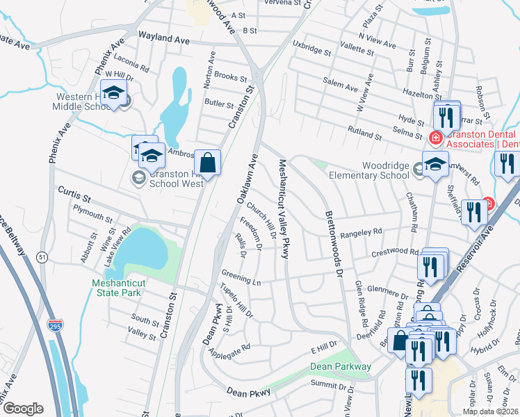 map of restaurants, bars, coffee shops, grocery stores, and more near 25 Church Hill Drive in Cranston