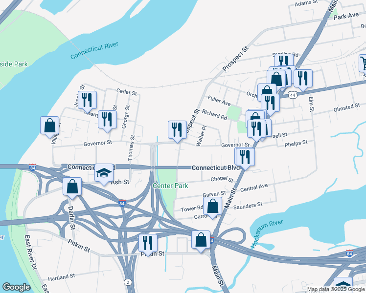 map of restaurants, bars, coffee shops, grocery stores, and more near 392 Prospect Street in East Hartford