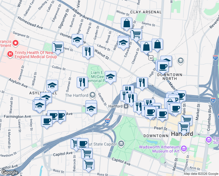 map of restaurants, bars, coffee shops, grocery stores, and more near 91 Spring Street in Hartford