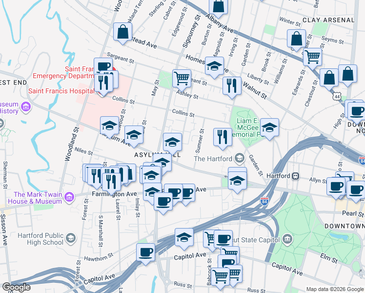 map of restaurants, bars, coffee shops, grocery stores, and more near 22 Huntington Street in Hartford