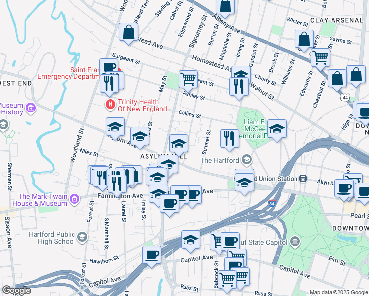 map of restaurants, bars, coffee shops, grocery stores, and more near 22 Huntington Street in Hartford