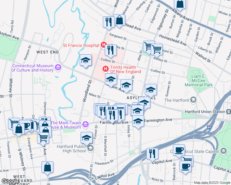 map of restaurants, bars, coffee shops, grocery stores, and more near 967 Asylum Avenue in Hartford